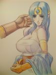  blue_eyes blue_hair blush breasts circlet cleavage dragon_quest dragon_quest_iii elbow_gloves gloves highres large_breasts pointy_ears sage_(dq3) surime-dq traditional_media 