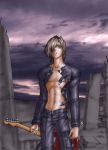  1boy abs bishounen guitar guitar_pick hair_over_one_eye jacket long_hair male muscle open_shirt standing 