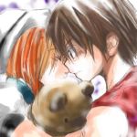  1girl couple higurashi_no_naku_koro_ni lowres maebara_keiichi ryuuguu_rena stuffed_animal stuffed_toy teddy_bear 