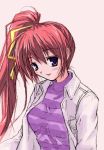  comic_party hair_ribbon long_hair open_clothes open_shirt pink_hair ponytail purple_eyes redhead ribbon shirt side_ponytail smile striped takase_mizuki violet_eyes 