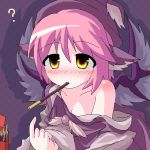  animal_ears bare_shoulders blush des food hat mouth_hold mystia_lorelei oekaki pink_hair pocky pointing solo touhou wings yellow_eyes 