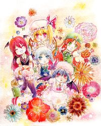  bad_id chibi everyone flandre_scarlet flower hong_meiling izayoi_sakuya koakuma multiple_girls patchouli_knowledge remilia_scarlet satozaki_mutou super_deformed touhou traditional_media 