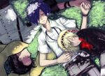  arisato_minato black_hair blonde_hair closed_eyes headphones mochizuki_ryouji persona persona_3 pseudonym scarf school_uniform sleeping smile 