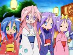  blue_eyes blue_hair festival green_eyes hiiragi_kagami hiiragi_tsukasa izumi_konata japanese_clothes kimono lucky_star open_mouth outside pink_hair purple_hair sisters smile takara_miyuki violet_eyes yukata 