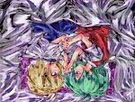  bed blonde_hair blue_eyes eye_contact from_above ginipi green_hair interlocked_fingers kazami_yuuka purple_eyes short_hair touhou vest yuri 