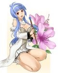  blue_hair breasts cleavage dairiseki detached_sleeves elegant flower hairband happy highres kneeling large_breasts legs long_hair quiz_magic_academy red_eyes satsuki_(quiz_magic_academy) skirt 