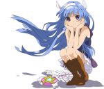  blue_hair blunt_bangs crouching kannagi long_hair nagi squat squatting wand 