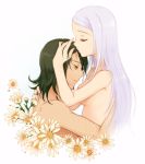  arch_(artist) couple flower green_hair gundam gundam_00 hug kiss lavender_hair long_hair marie_parfacy nude plum_(arch) scar soma_peries yellow_eyes 