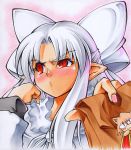  calnarsa dress gift holding holding_gift long_hair melty_blood nekoarc pointy_ears red_eyes ribbon shikishi slit_pupils traditional_media tsukihime tsundere type-moon white_hair white_len 