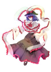  blue_hair hat hat_ribbon long_skirt mary_janes nagae_iku red_eyes ribbon scarf shigu shoes short_hair skirt touhou 