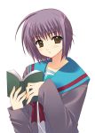  book brown_eyes nagato_yuki nishimata_aoi purple_hair school_uniform suzumiya_haruhi_no_yuuutsu 