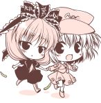  chibi cucumber futaba_miwa hand_holding holding_hands kagiyama_hina kawashiro_nitori monochrome pink super_deformed touhou 