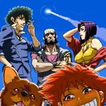  blush_stickers cigarette cowboy_bebop edward_wong_hau_pepelu_tivrusky_iv ein_(cowboy_bebop) facial_hair faye_valentine jet_black lowres oekaki smoking spike_spiegel ug 