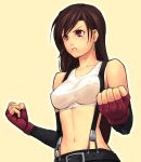  bare_shoulders belt brown_hair clenched_hands earrings final_fantasy final_fantasy_vii fingerless_gloves fist gloves jewelry long_hair midriff red_eyes solo suspenders tank_top tifa_lockhart 