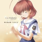  antenna_hair brown_hair cd_cover clannad closed_eyes cover furukawa_nagisa hair_ornament hairclip lowres school_uniform sparkle sparkles summer_uniform 