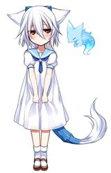  1girl animal_ears blue_sailor_collar blush brown_footwear commentary_request dress fox fox_ears hair_between_eyes horns konshin looking_at_viewer original puffy_short_sleeves puffy_sleeves red_eyes sailor_collar sailor_dress shoes short_sleeves simple_background socks solo tail white_background white_dress white_legwear 