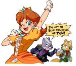  1girl 2boys angry arm_up blue_eyes clenched_teeth crown dress earrings english flipped_hair flower_earrings fox fox_mccloud gloves jewelry looking_at_viewer super_mario_bros. multiple_boys nemurism nintendo orange_dress pointing princess_daisy puffy_short_sleeves puffy_sleeves scouter short_hair short_sleeves simple_background star_fox super_mario_bros. super_smash_bros. sweatdrop teeth upper_body white_background white_gloves wolf wolf_o&#039;donnell 