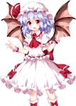  1girl :d ascot bat_wings blue_hair blush bow commentary_request dress eyebrows_visible_through_hair feet_out_of_frame frilled_shirt_collar frills hair_between_eyes hands_up hat hat_ribbon highres looking_at_viewer mob_cap open_mouth puffy_short_sleeves puffy_sleeves red_bow red_eyes red_neckwear red_ribbon red_sash remilia_scarlet ribbon ruu_(tksymkw) sash short_hair short_sleeves simple_background smile sock_bow socks solo standing touhou white_background white_dress white_hat white_legwear wings wrist_cuffs 