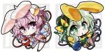  2girls akaneya animal_ears bangs black_headwear blush bow chibi green_eyes green_hair hair_bow hat heart komeiji_koishi komeiji_satori looking_at_viewer multiple_girls open_mouth pink_eyes pink_hair rabbit_ears short_hair third_eye touhou 