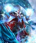  blue_eyes cape dragon droplets hands_up highres kei1115 long_hair magic monster official_art shingoku_no_valhalla_gate standing water watermark white_cape white_hair wizard 