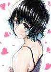  1girl bare_shoulders blue_eyes blue_hair camisole commentary_request copyright_request from_side hair_between_eyes heart highres long_hair looking_at_viewer looking_to_the_side outline pink_x short_hair simple_background smile solo white_background 