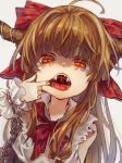  1girl ahoge bad_id bad_twitter_id bow brown_hair chained_wrists commentary_request eyebrows_visible_through_hair fangs finger_in_mouth frilled_sleeves frills ibuki_suika long_hair looking_at_viewer oni_horns open_mouth orange_eyes peipei red_ribbon ribbon saliva shirt simple_background sleeveless sleeveless_shirt slit_pupils solo tongue touhou upper_body uvula white_background white_shirt wrist_cuffs 