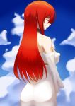  1girl absurdres black_choker boudica_(fate/grand_order) choker closed_eyes clouds cloudy_sky der_zweite dress fate/grand_order fate_(series) from_behind highres light_smile long_hair off-shoulder_dress off_shoulder redhead ribbon sky solo strapless strapless_dress white_dress yellow_ribbon 