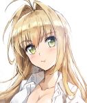  1girl :t ahoge alternate_hairstyle blonde_hair blush breasts cleavage collared_shirt commentary_request eyebrows_visible_through_hair fate/grand_order fate_(series) green_eyes hair_intakes large_breasts long_hair looking_at_viewer naked_shirt nero_claudius_(fate) nero_claudius_(fate)_(all) pout shirt simple_background solo tonee upper_body white_background white_shirt wing_collar 