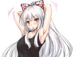  1girl amagi_(amagi626) armpits arms_up bare_arms black_tank_top blush bow breasts cleavage collarbone commentary_request eyebrows_visible_through_hair fujiwara_no_mokou hair_bow head_tilt large_breasts long_hair long_ponytail looking_at_viewer motion_lines mouth_hold ponytail red_eyes sideboob silver_hair simple_background solo tank_top touhou tying_hair upper_body white_background white_bow 