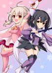  2girls :d arm_up armpits black_hair black_outline boots cape elbow_gloves eyebrows_visible_through_hair fate/kaleid_liner_prisma_illya fate_(series) gloves gradient gradient_background hair_ornament hairclip highres illyasviel_von_einzbern kaleidostick long_hair magical_girl miyu_edelfelt morokoshi_(tekku) multiple_girls open_mouth pink_background pink_gloves pink_legwear ponytail prisma_illya purple_background purple_legwear red_eyes shoes smile star starry_background thigh-highs white_background white_footwear white_gloves white_hair winged_shoes wings yellow_eyes 