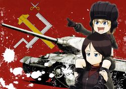  2girls artist_request black_hair blonde_hair blue_eyes emblem girls_und_panzer ground_vehicle katyusha long_hair military military_vehicle motor_vehicle multiple_girls nonna pravda_(emblem) pravda_military_uniform red_background smile t-34 tank 