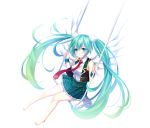  1girl barefoot blush full_body green_eyes green_hair hatsune_miku highres long_hair looking_at_viewer necktie simple_background sitting smile solo swing swinging tonee twintails very_long_hair vocaloid white_background wings wrist_cuffs 