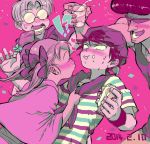  1girl 3boys ana_(mother) backwards_hat baseball_cap blush cake closed_eyes confetti cup dated drinking_glass food food_on_face hat limited_palette lloyd_(mother) mokorobi mother_(game) mother_1 multiple_boys neckerchief neckwear_grab ninten opaque_glasses pink_background pompadour puckered_lips shirt simple_background strawberry_shortcake striped striped_shirt sunglasses teddy_(mother) twintails 
