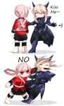  2girls 2koma ^_^ armor artoria_pendragon_(all) artoria_pendragon_(lancer_alter) blonde_hair braid closed_eyes comic commentary_request english fate/grand_order fate_(series) florence_nightingale_(fate/grand_order) gauntlets hair_between_eyes highres hochikass horns long_sleeves military military_uniform multiple_girls pink_hair red_eyes smile uniform 