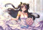  1girl bare_shoulders black_hair blush bridal_veil bride dress earrings fate/grand_order fate_(series) flower gloves hoop_earrings ishtar_(fate/grand_order) ishtar_(puzzle_&amp;_dragons) jewelry kelinch1 long_hair looking_at_viewer pendant petals red_eyes rose shiny shiny_hair solo tohsaka_rin twintails veil wedding wedding_dress white_dress 