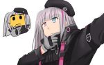  1girl ately beret blue_eyes emoji eyebrows eyebrows_visible_through_hair girls_frontline gloves hat heterochromia highres jacket long_hair mdr_(girls_frontline) multicolored_hair pink_eyes pink_hair side_ponytail silver_hair streaked_hair thinking 