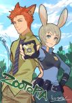  1boy 1girl animal_ears belt blue_eyes blue_neckwear blue_pants blue_shirt blue_sky bulletproof_vest closed_mouth clouds cloudy_sky commentary_request contrapposto day fox_ears fox_tail grey_hair hand_on_hip highres holding humanization judy_hopps kotatsu_(g-rough) necktie nick_wilde outdoors pants police police_badge police_uniform policewoman pouch rabbit_ears redhead shirt short_hair signature sky smile tail uniform vest zootopia 