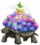  1girl ;d animal animal_ears blonde_hair blue_flower blush boots doitsuken fang flower fox_child_(doitsuken) fox_ears fox_tail frog glasses holding holding_umbrella looking_at_viewer on_animal one_eye_closed open_mouth original pink_flower purple_flower rain raincoat riding short_hair simple_background sitting smile snail solo tail tortoise transparent_umbrella turtle umbrella v water_drop white_background white_coat white_footwear yellow_eyes 