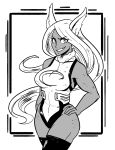  1girl animal_ears boku_no_hero_academia dark_skin eyebrows_visible_through_hair fur_collar hand_on_hip image_sample leotard long_hair long_sleeves looking_at_viewer mirko open_mouth rabbit_ears red_eyes scruffyturtles simple_background smile solo standing tumblr_sample white_background 