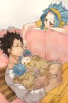  alternate_hair_length alternate_hairstyle black_hair blue_hair brown_eyes child couch ear_piercing fairy_tail gajeel_redfox grey_shirt headband levy_mcgarden long_hair lying nose_piercing on_back piercing rusky shirt short_sleeves sleeping smile yellow_shirt 