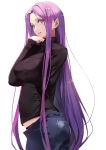  1girl black_panties black_sweater commentary_request denim fate/stay_night fate_(series) glasses highres jeans lips long_hair open_clothes open_mouth panties pants purple_hair rider solo standing sweater taishi_(picchiridou) underwear violet_eyes 