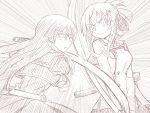  2girls bangs fighting frown glowing glowing_eyes hair_ornament hairclip holding holding_sword holding_weapon juujou_hiyori long_hair long_sleeves looking_at_another masarou minoseki_gakuin_uniform monochrome multiple_girls scabbard sheath sidelocks sketch sword toji_no_miko upper_body weapon yanase_mai 