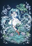  absurdly_long_hair absurdres azure-aoi- beamed_eighth_notes blue_eyes brown_footwear dress eighth_note flower full_body fur_trim g_clef hatsune_miku highres holding holding_leaf leaf long_hair looking_at_viewer midair musical_note rabbit rock smile snowbell_(flower) snowflakes very_long_hair vocaloid white_dress yukine_(vocaloid) 