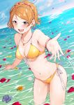  bikini blush cowboy_shot flower foreshortening houjou_karen idolmaster idolmaster_cinderella_girls menea navel ocean open_mouth orange_eyes orange_hair ponytail side-tie_bikini smile swimsuit yellow_bikini 