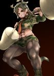  1girl abs animal_ears aurochs_(kemono_friends) bangs black_legwear brown_eyes brown_hair camouflage camouflage_shirt camouflage_skirt charnoe clenched_teeth collared_shirt commentary_request crop_top cropped_shirt dark_skin empty_eyes extra_ears from_below full_body gluteal_fold green_footwear green_hair green_shirt green_skirt hands_up highres horns kemono_friends lifting long_sleeves looking_down midriff miniskirt multicolored_hair muscle muscular_female navel necktie oryx_ears oryx_tail pantyhose parted_bangs red_neckwear shirt shoes short_hair short_over_long_sleeves short_sleeves side_slit skirt solo standing stomach tail teeth thick_thighs thighs two-tone_hair upskirt v-shaped_eyebrows weightlifting weights wing_collar 