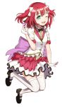  1girl ;d back_bow bangs black_footwear black_neckwear boutonniere bow bowtie center_frills chisi collared_shirt flower gloves green_eyes hair_flower hair_ornament jumping kurosawa_ruby layered_skirt looking_at_viewer love_live! love_live!_sunshine!! mary_janes one_eye_closed open_mouth purple_bow redhead round_teeth shirt shoes short_sleeves simple_background smile solo striped striped_legwear teeth thigh-highs two_side_up upper_teeth vertical-striped_legwear vertical_stripes white_background white_bow white_gloves white_legwear 