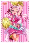 1girl ;d absurdres artist_name back_bow bare_shoulders blush bow breasts clover_earrings company_name cure_yell diamond_(shape) earrings flower flower_request framed_image green_earrings hair_flower hair_ornament hair_ribbon highres hugtto!_precure jewelry kawamura_toshie layered_skirt logo long_hair looking_at_viewer magical_girl navel_cutout nono_hana official_art one_eye_closed open_mouth pink_background pink_bow pink_eyes pink_flower pink_footwear pink_hair pink_lips pink_shirt pink_skirt pleated_skirt pom_poms precure red_ribbon ribbon see-through shirt shoes single_stripe skirt small_breasts smile sneakers socks solo striped striped_background vertical-striped_background vertical_stripes yellow_legwear yellow_pom_poms 