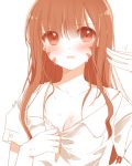  1girl atobesakunolove bangs blush bra breasts cleavage d.va_(overwatch) eyebrows_visible_through_hair facial_mark long_hair looking_at_viewer monochrome off_shoulder orange_(color) overwatch parted_lips short_sleeves solo sweat underwear upper_body white_background 