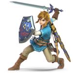  1boy 3d absurdres blonde_hair blue_eyes earrings gloves highres holding holding_sword holding_weapon huge_filesize jewelry link male_focus master_sword official_art pointy_ears shield solo super_smash_bros. super_smash_bros_ultimate sword the_legend_of_zelda the_legend_of_zelda:_breath_of_the_wild triforce tunic weapon 