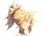  1girl :d blush braid closed_eyes commentary_request fate/grand_order fate_(series) french_braid from_side hair_ornament hair_scrunchie mordred_(fate) mordred_(fate)_(all) open_mouth ponytail portrait profile scrunchie sideways_mouth simple_background smile solo tonee white_background 